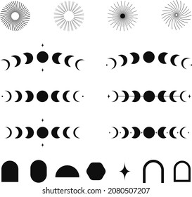 Set Moon Phases With Stars, Boho Elements And Sun. Black Vector Illustration