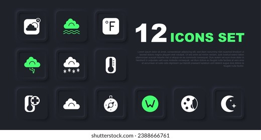 Set Moon phases, and stars, Cloud with snow, Compass north, lightning, Fog cloud and  icon. Vector