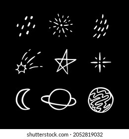 Set of moon, planet, star, comet. Vector black and white abstract astronomy illustration.