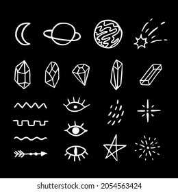 Conjunto de luna, planeta, estrella, cometa, cristales, ojos, elementos abstractos. Ilustración abstracta de astronomía en blanco y negro vectorial.