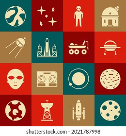 Set Moon, Planet Venus, UFO flying spaceship, Alien, Rocket launch from the spaceport, Satellite,  and Mars rover icon. Vector