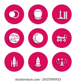 Set Moon, Rocket ship, Solar system, Mars rover, Space shuttle and rockets, Planet, launch from the spaceport and Eclipse of sun icon. Vector