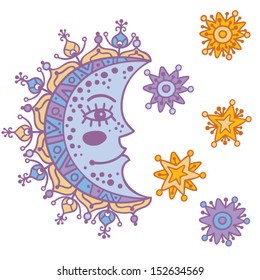 A set of the moon with smiling human face and stars isolated on white background. Decorative vector illustration of hand drawn celestial symbols.