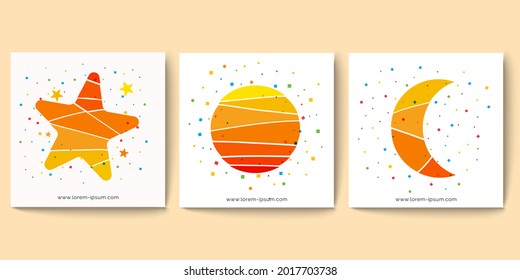 Set of moon, star and sun cards or posters, invitation, room decoration, and more. Modern art graphics elements, Vector illustration backgrounds EPS.10