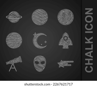Set Moon and stars, Alien, Falling, Rocket ship, Telescope, Planet, Earth globe and Saturn icon. Vector