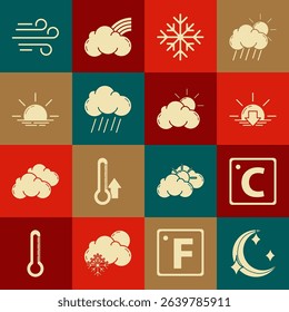 Set Moon and stars, Celsius, Sunset, Snowflake, Cloud with rain, Sunrise, Wind and cloud weather icon. Vector