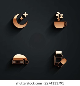 Set Moon and stars, Chamomile tea, Sleeping hat and pill icon with long shadow. Vector