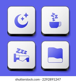 Set Moon and stars, Chamomile tea, Time to sleep and Pillow icon. White square button. Vector