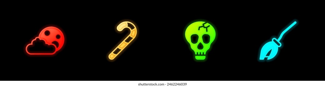 Set Moon and stars, Christmas candy cane, Skull and Witches broom icon. Vector