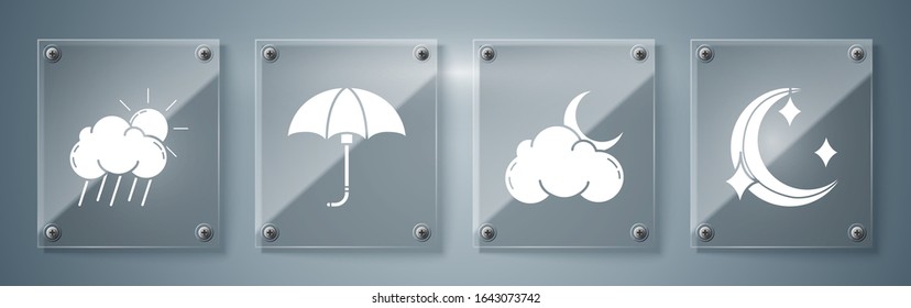 Set Moon and stars, Cloud with moon and stars, Classic elegant opened umbrella and Cloud with rain and sun. Square glass panels. Vector