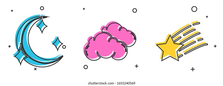 Set Moon and stars, Cloud and Falling star icon. Vector