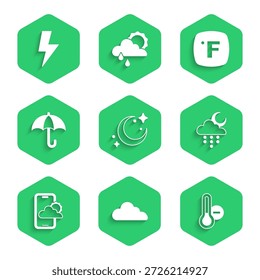 Set Moon and stars, Cloud, Meteorology thermometer, with rain moon, Weather forecast, Umbrella, Fahrenheit and Lightning bolt icon. Vector
