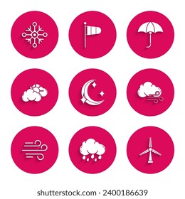 Set Moon and stars, Cloud with rain, Wind turbine, Windy weather, Sun cloud, Classic elegant opened umbrella and Snowflake icon. Vector
