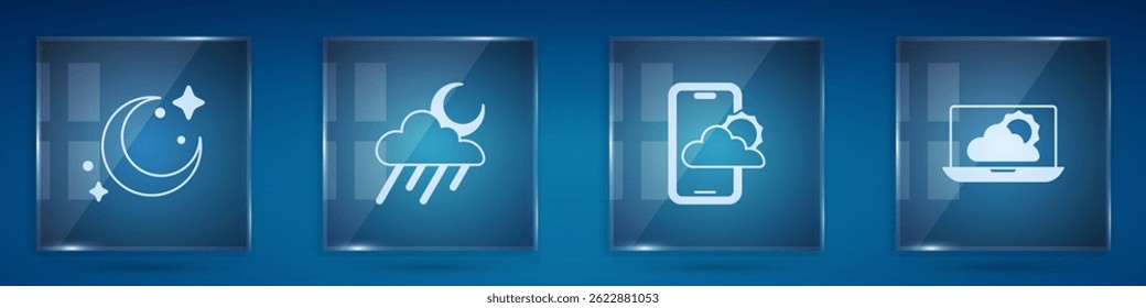 Conjunto Luna y estrellas, Nube con luna de lluvia, pronóstico de Clima y . Paneles de vidrio cuadrados. Vector