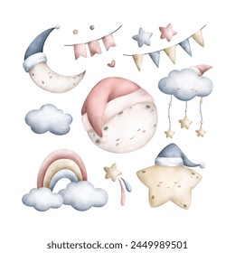 Set of Moon Stars Cloud Rainbow and Nursery Theme Objects Illustration