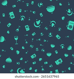 Set Moon and stars, Covered with tray, Wine glass and Photo camera on seamless pattern. Vector