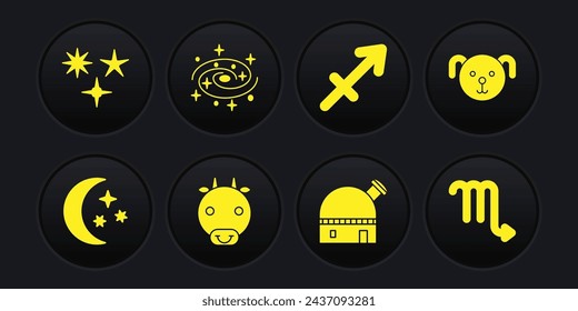 Set Mond und Sterne, Hund Tierkreis, Ochs, Astronomisches Observatorium, Schütze, Milchstraße Spiralgalaxie, Skorpion und Falling Ikone. Vektor