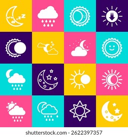 Set Moon and stars, Eclipse of the sun, Sun, Cloud with moon, icon and  icon. Vector
