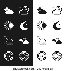 Set Moon and stars, Eclipse of the sun, Sun cloud weather, Cloud with moon, Sunset,  and  icon. Vector