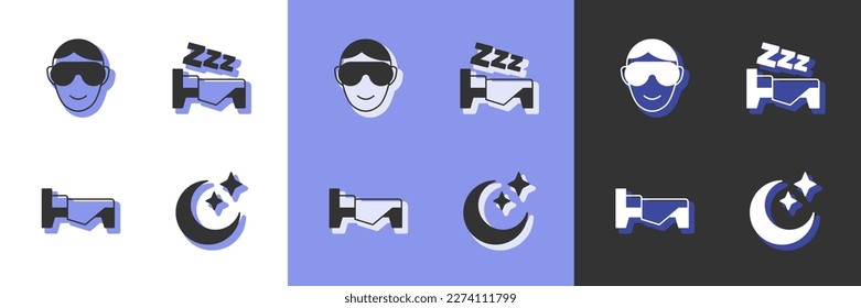 Set Moon and stars, Eye sleep mask, Bed and Time to icon. Vector