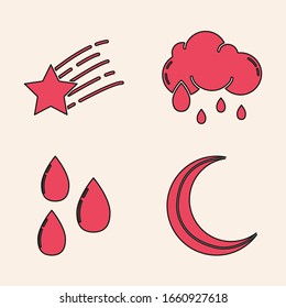 Set Moon and stars, Falling star, Cloud with rain and Water drop icon. Vector