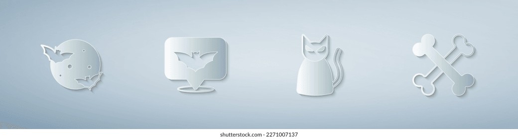 Set Moon and stars, Flying bat, Black cat and Crossed bones. Paper art style. Vector