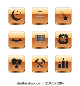Set Moon and stars, FTP cancel operation, Two crossed hammers, Server, Data, Web Hosting, UFO flying spaceship and Falling icon. Vector