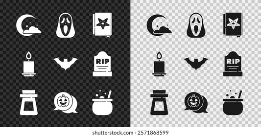 Set Moon and stars, Funny scary ghost mask, Ancient magic book, Bottle with potion, Pumpkin, Halloween witch cauldron, Burning candle and Flying bat icon. Vector