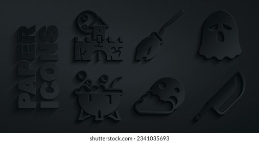 Set Moon and stars, Ghost, Halloween witch cauldron, Knife, Witches broom and Castle, fortress icon. Vector