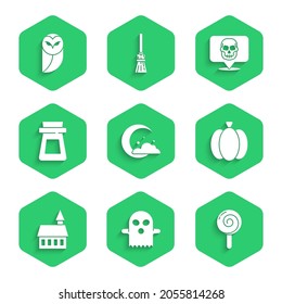 Set Moon and stars, Ghost, Lollipop, Pumpkin, Castle, Bottle with potion, Skull and Owl icon. Vector