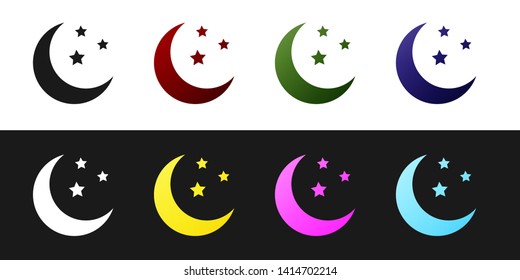 Set Moon and stars icon isolated on black and white background. Vector Illustration