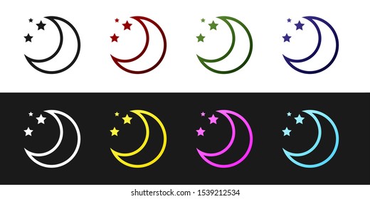 Set Moon and stars icon isolated on black and white background.  Vector Illustration