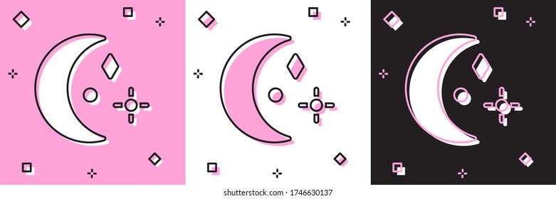 Set Moon and stars icon isolated on pink and white, black background. Cloudy night sign. Sleep dreams symbol. Night or bed time sign. Vector Illustration
