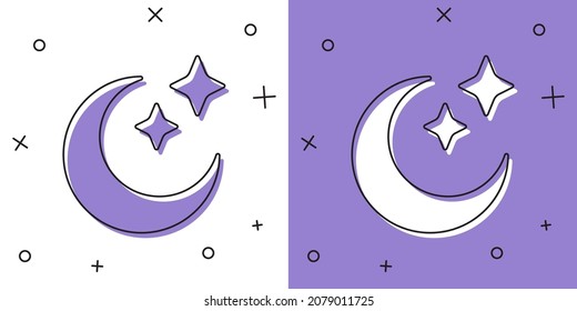 Set Moon and stars icon isolated on white and purple background. Cloudy night sign. Sleep dreams symbol. Full moon. Night or bed time sign.  Vector