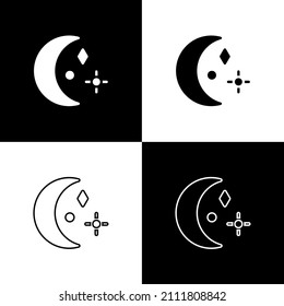 Set Moon and stars icon isolated on black and white background. Cloudy night sign. Sleep dreams symbol. Night or bed time sign.  Vector Illustration