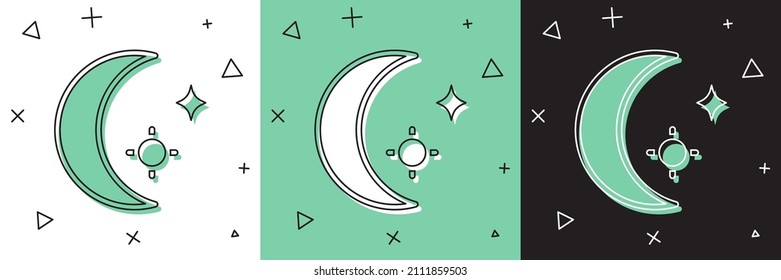 Set Moon and stars icon isolated on white and green, black background. Cloudy night sign. Sleep dreams symbol. Full moon. Night or bed time sign.  Vector