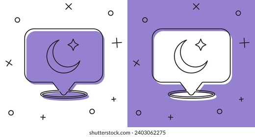 Set Moon and stars icon isolated on white and purple background. Cloudy night sign. Sleep dreams symbol. Full moon. Night or bed time sign.  Vector
