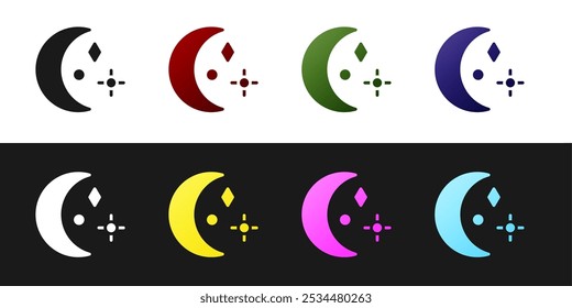 Set Moon and stars icon isolated on black and white background. Cloudy night sign. Sleep dreams symbol. Night or bed time sign.  Vector Illustration