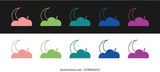 Set Moon and stars icon isolated on black and white background. Cloudy night sign. Sleep dreams symbol. Full moon. Night or bed time sign.  Vector