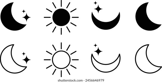 Set of Moon and stars icons. Sun and moon flat icon. Shining Sun and crescent Moon. Vector Illustration.
