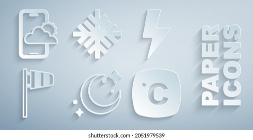 Set Moon and stars, Lightning bolt, Cone windsock wind vane, Celsius, Snowflake and Weather forecast icon. Vector
