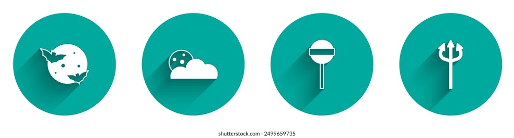 Set Moon and stars, Lollipop and Trident devil icon with long shadow. Vector