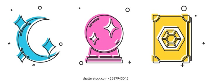 Set Moon and stars, Magic ball and Ancient magic book icon. Vector