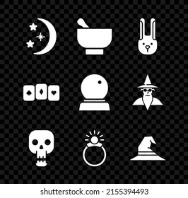 Set Moon and stars, Magic mortar pestle, Rabbit with ears, Skull, stone ring gem, Witch hat, Playing cards and ball icon. Vector