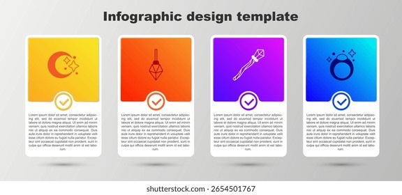 Conjunto Luna y estrellas, Piedra mágica, bastón y anillo. Plantilla de infografía de negocios. Vector