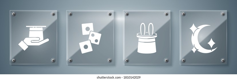 Set Moon and stars, Magician hat and rabbit ears, Game dice and Magician hat in hand. Square glass panels. Vector