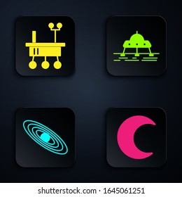 Set Moon and stars, Mars rover, Planet and Mars rover. Black square button. Vector
