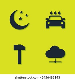 Set Moon and stars, Network cloud connection, Hammer and Car wash icon. Vector
