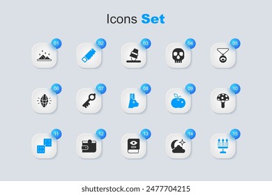 Set Moon and stars, Old magic key, Hand saw, Game dice, Candlestick, Psilocybin mushroom, Magic powder and Rabbit with ears icon. Vector