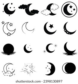 Set of moon and stars on white background. Vector icon. Universe line drawings.